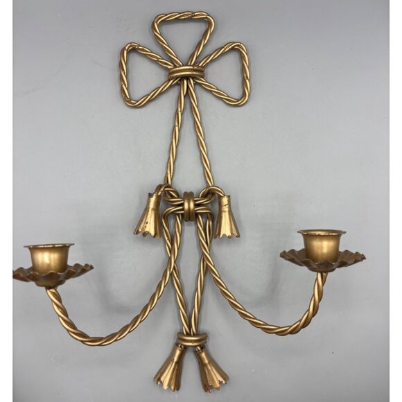 Vtg Gold Twisted Rope Metal Candle Holders Wall Mounted Bow Tassels - Picture 1 of 7
